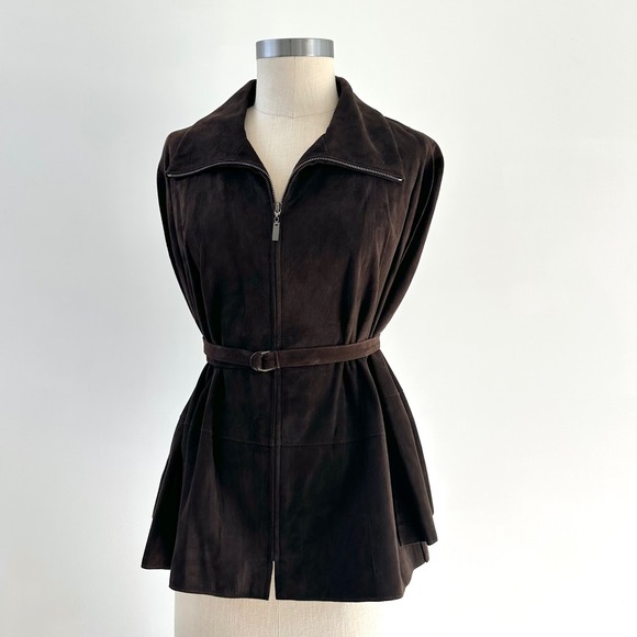 DD Collection Vintage 100% leather Suede Brown Belted Zip Front Cape Med Jacket - Picture 1 of 11